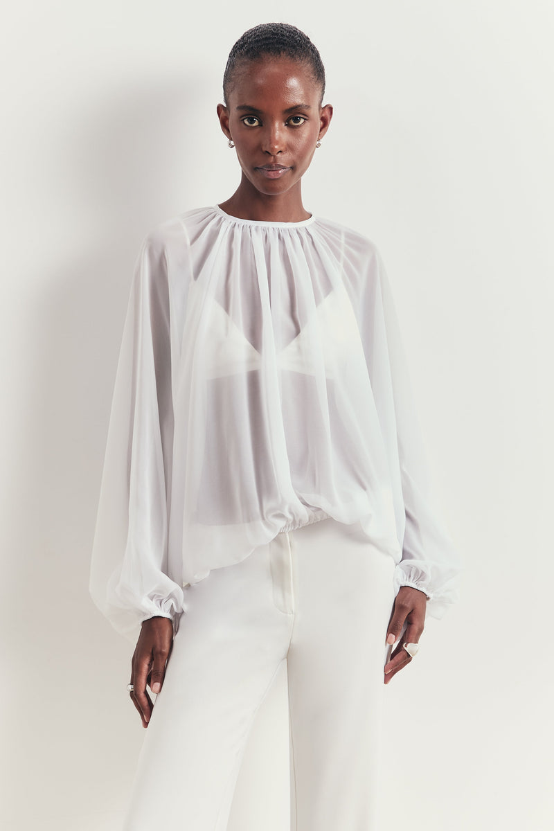 Sheer Chiffon Volume Sleeve Blouse - White