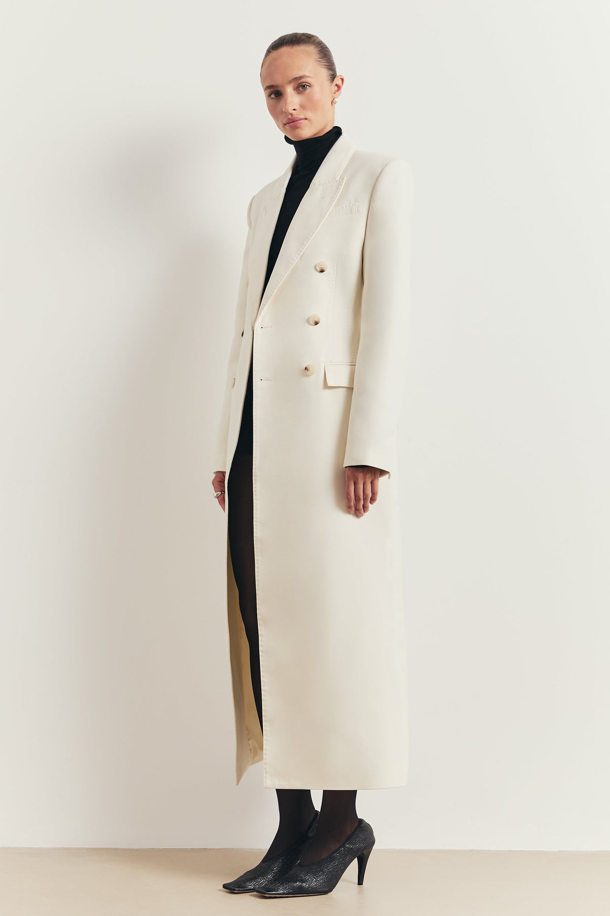 Structured Double Breasted Hourglass Coat - Cream