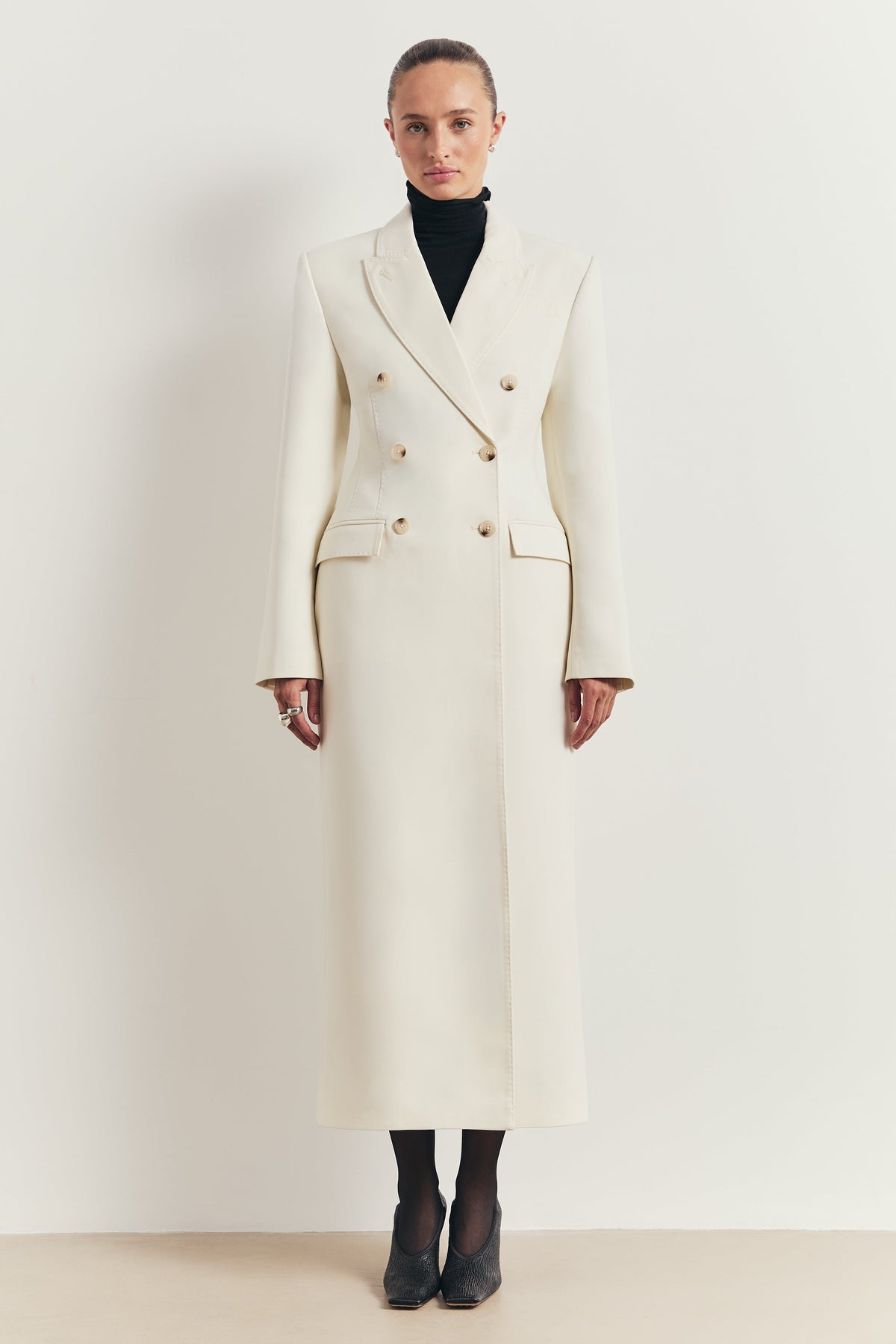 Structured Double Breasted Hourglass Coat - Cream