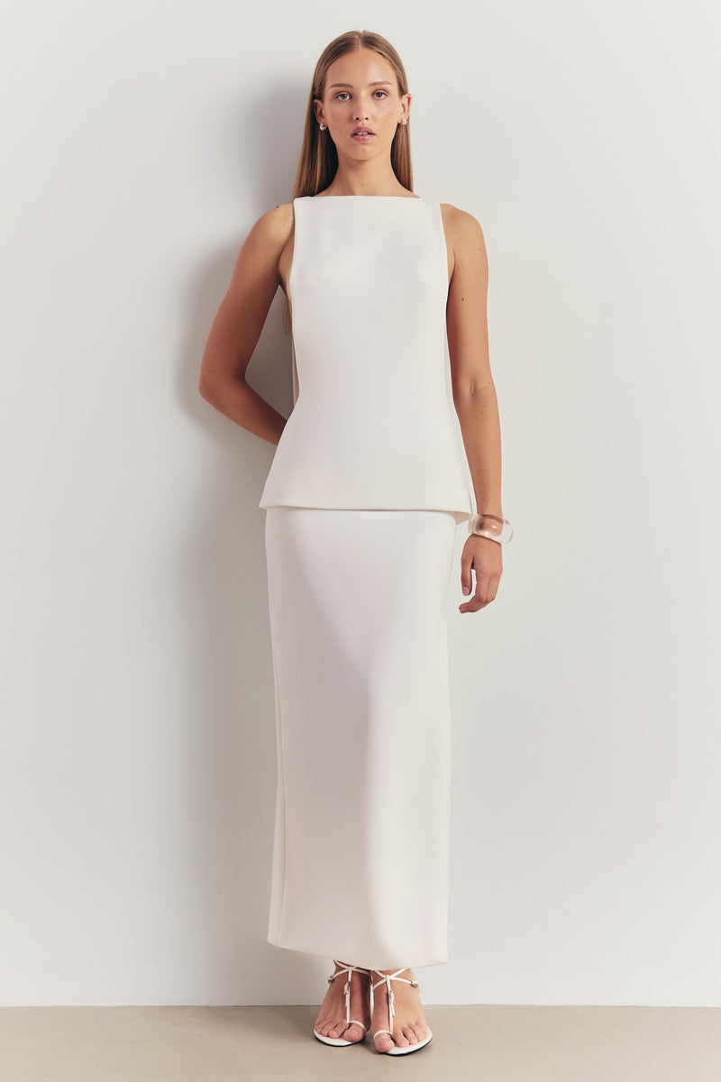 Clean Cut Column Maxi Skirt with Slit - White