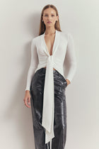 Longsleeve V Neck Tie Waist Top - White