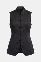 Tailored Satin Mandarin Collar Top - Black
