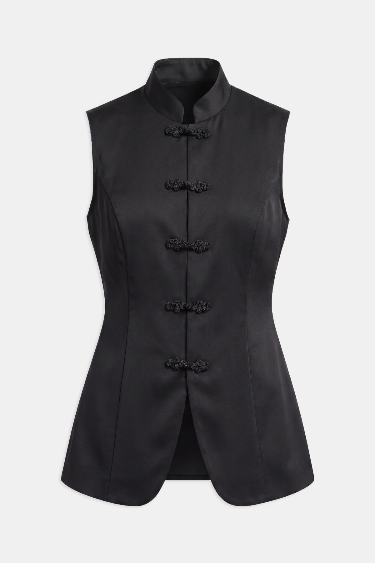 Tailored Satin Mandarin Collar Top - Black