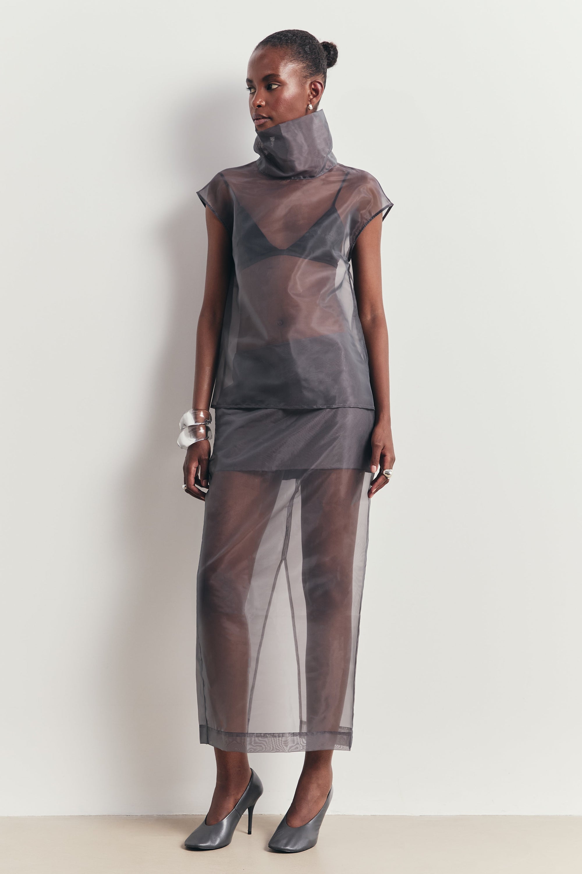 Sheer Organza Funnel Neck Blouse - Slate
