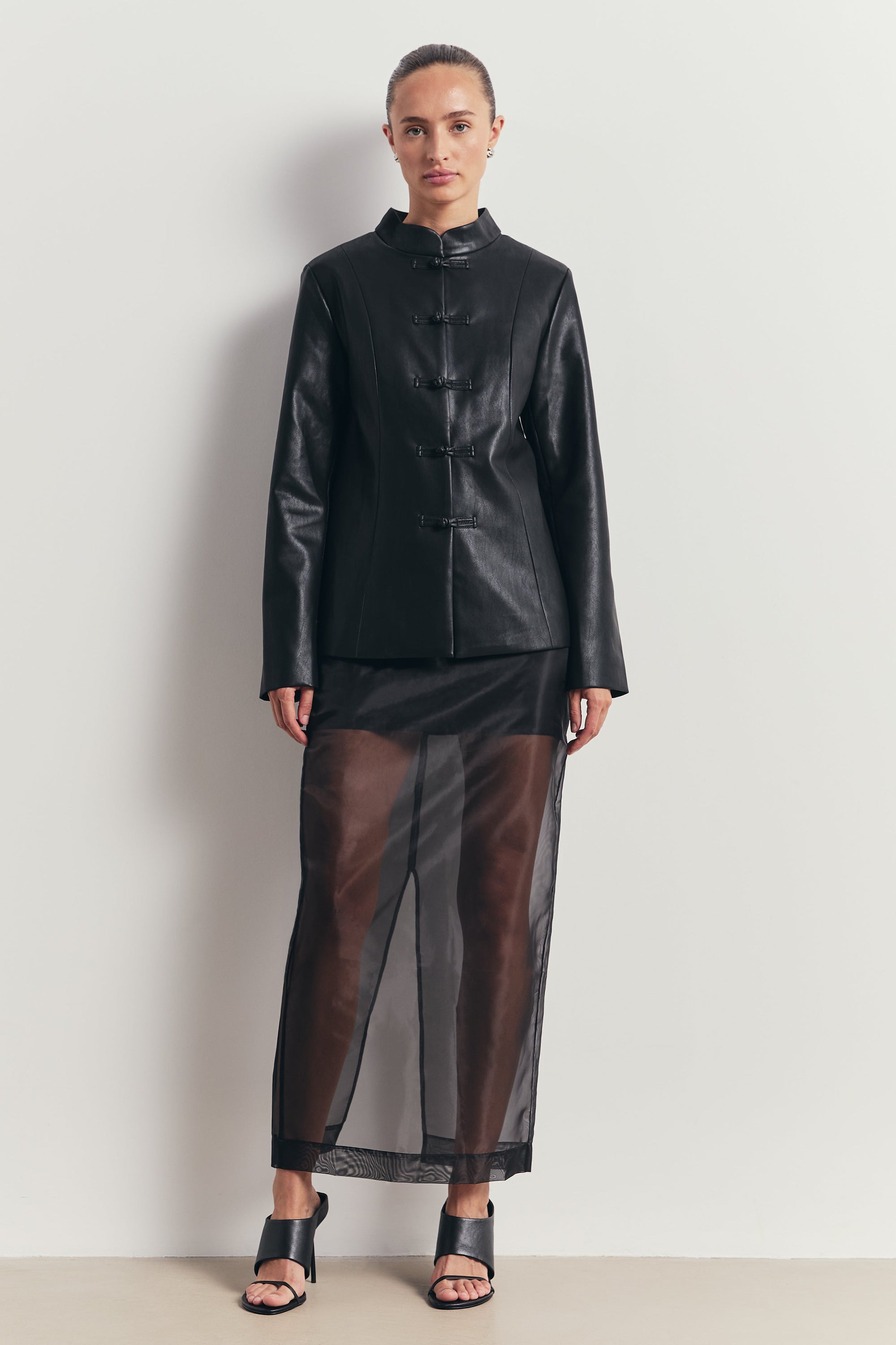 Sheer Organza Column Midi Skirt - Black