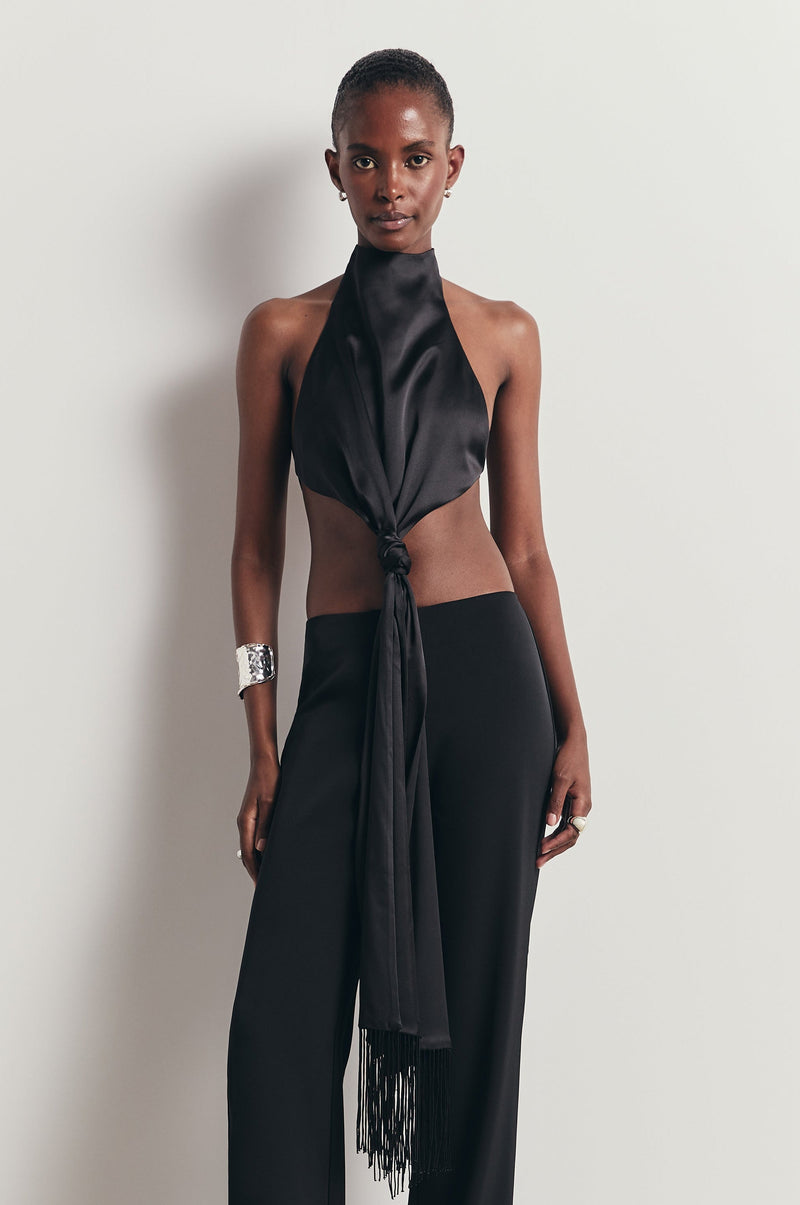 Backless Knot Detail Top with Fringing - Black