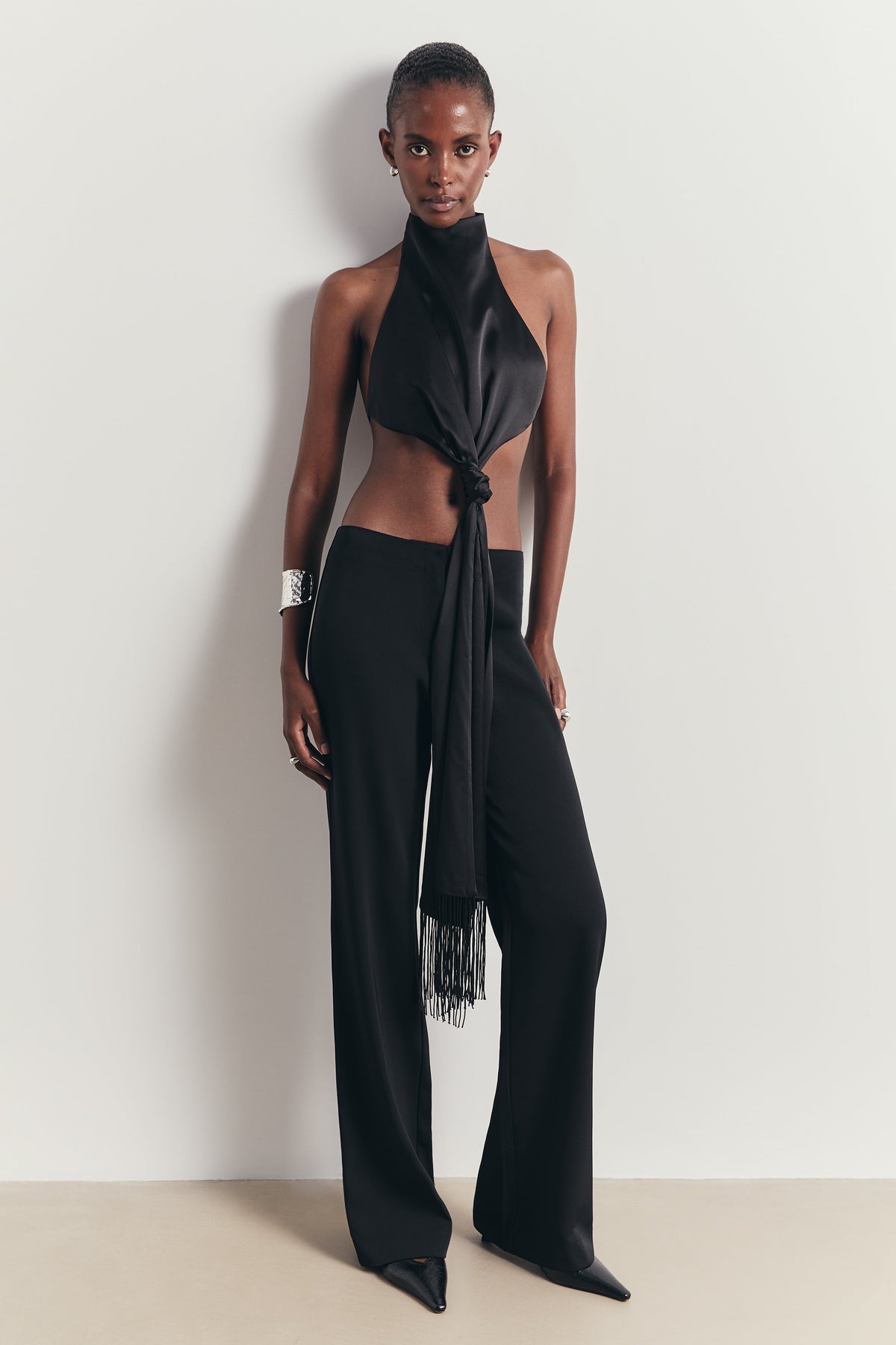 Backless Knot Detail Top with Fringing - Black