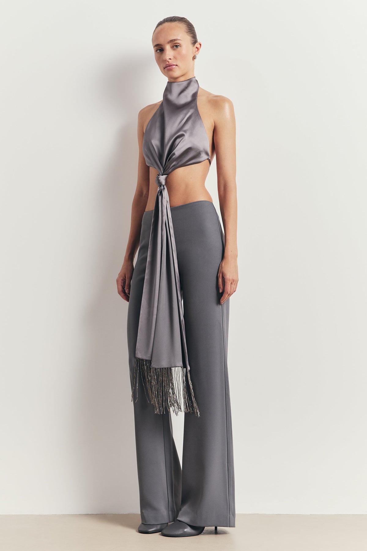Backless Knot Detail Top with Fringing - Slate