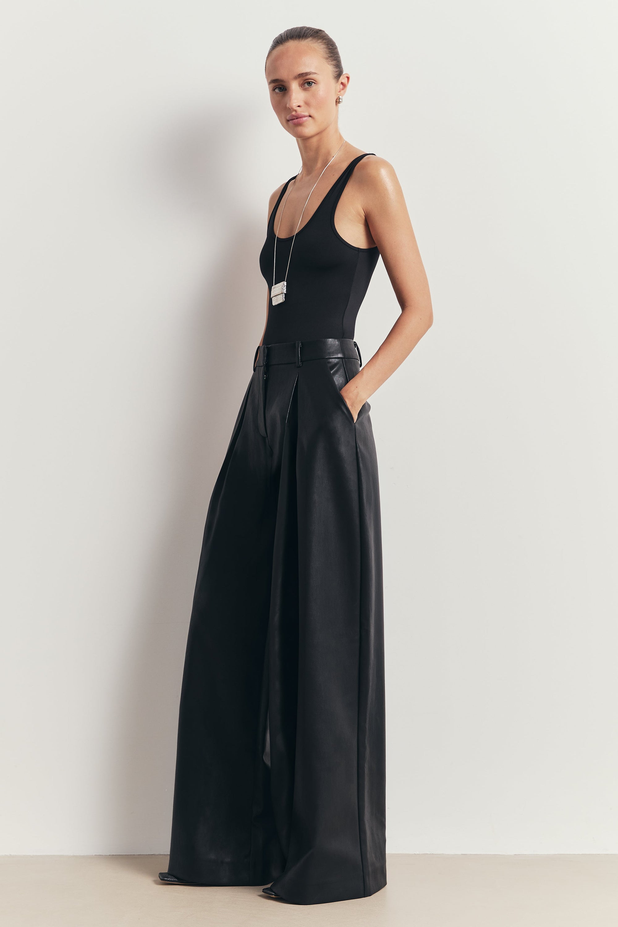 Leather Box Pleat Wide Leg Trousers - Black