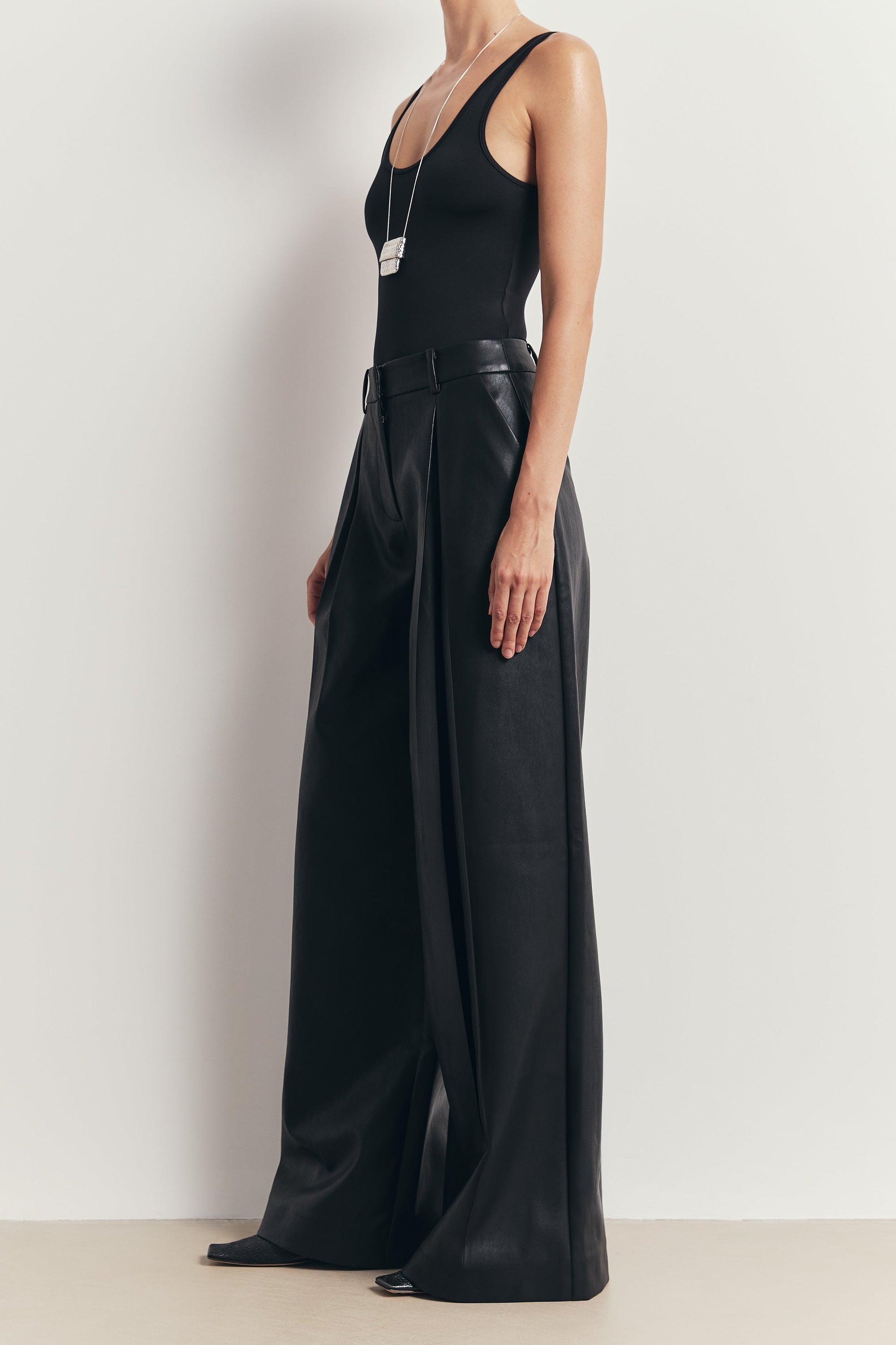 Leather Box Pleat Wide Leg Trousers - Black