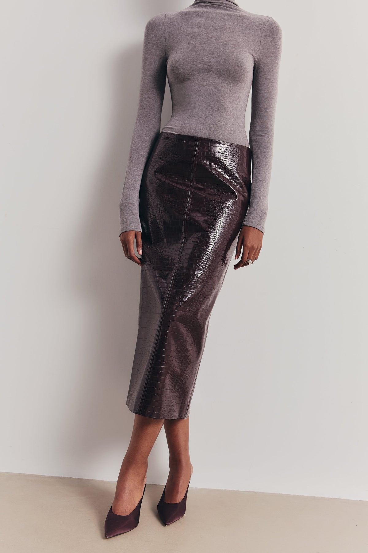 Croc Embossed Leather Tailored Maxi Skirt - Oxblood