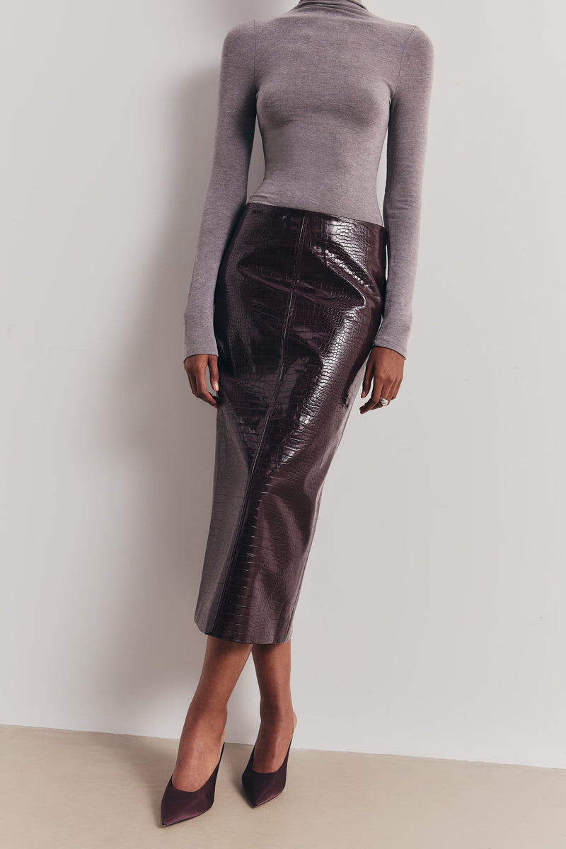 Croc Embossed Leather Tailored Maxi Skirt - Oxblood