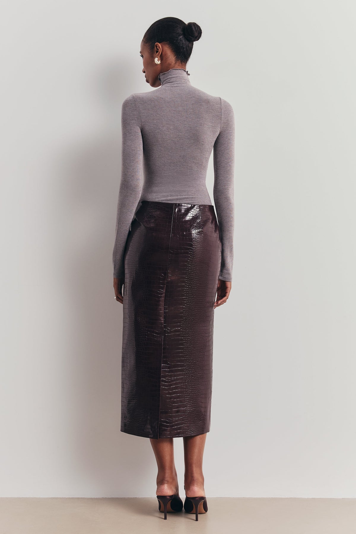 Croc Embossed Leather Tailored Maxi Skirt - Oxblood