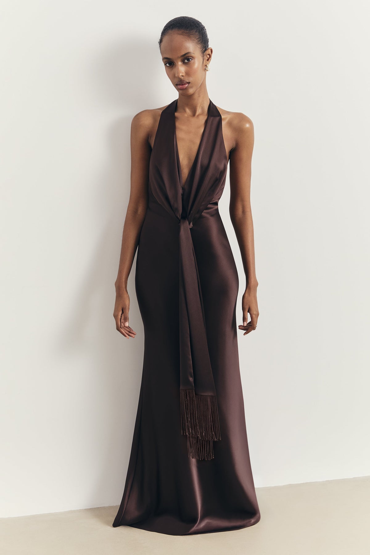 Plunging Knot Detail Gown with Fringing - Carob