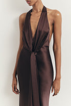 Plunging Knot Detail Gown with Fringing - Carob