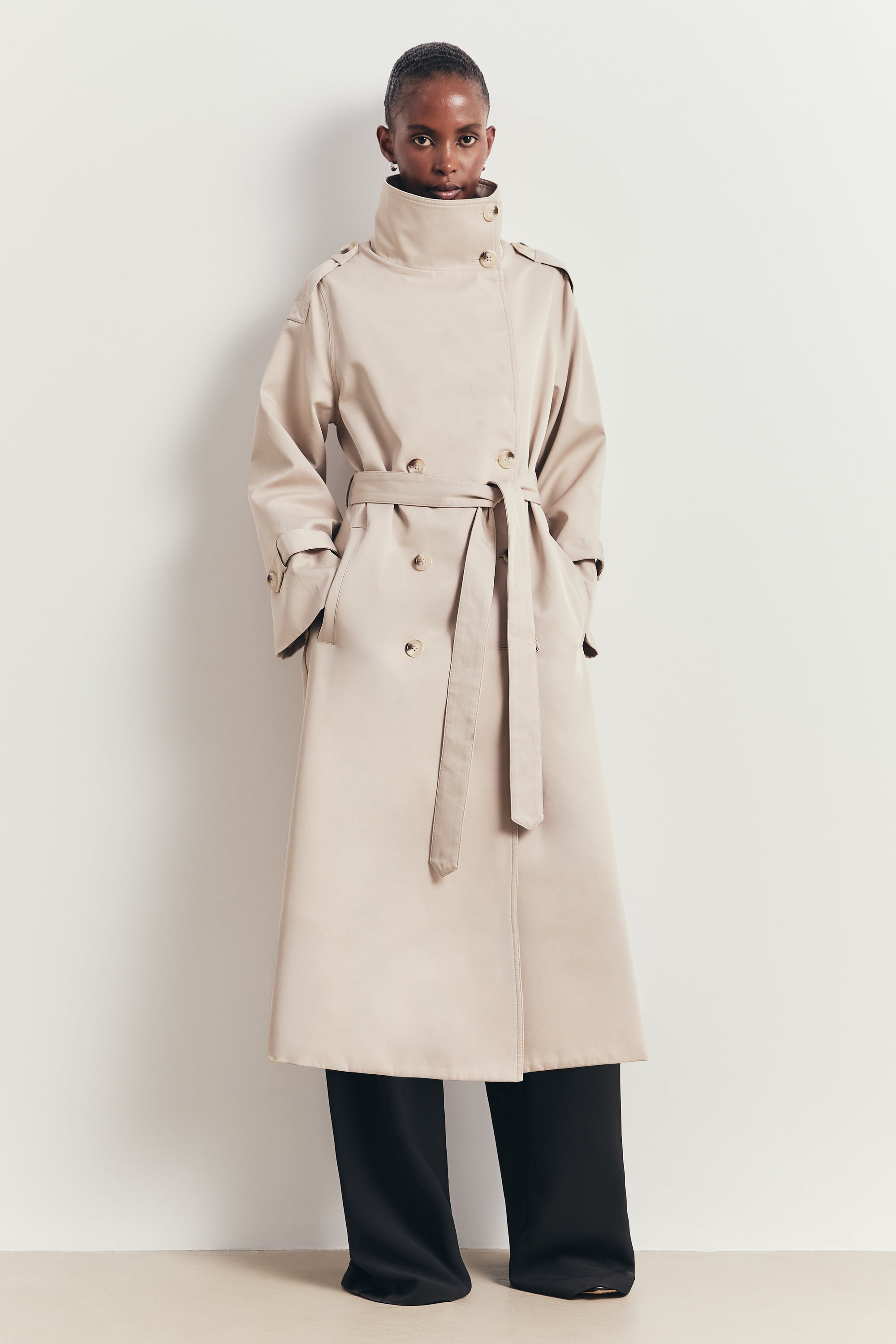 Vintage Funnel Neck Trench Coat - Stone