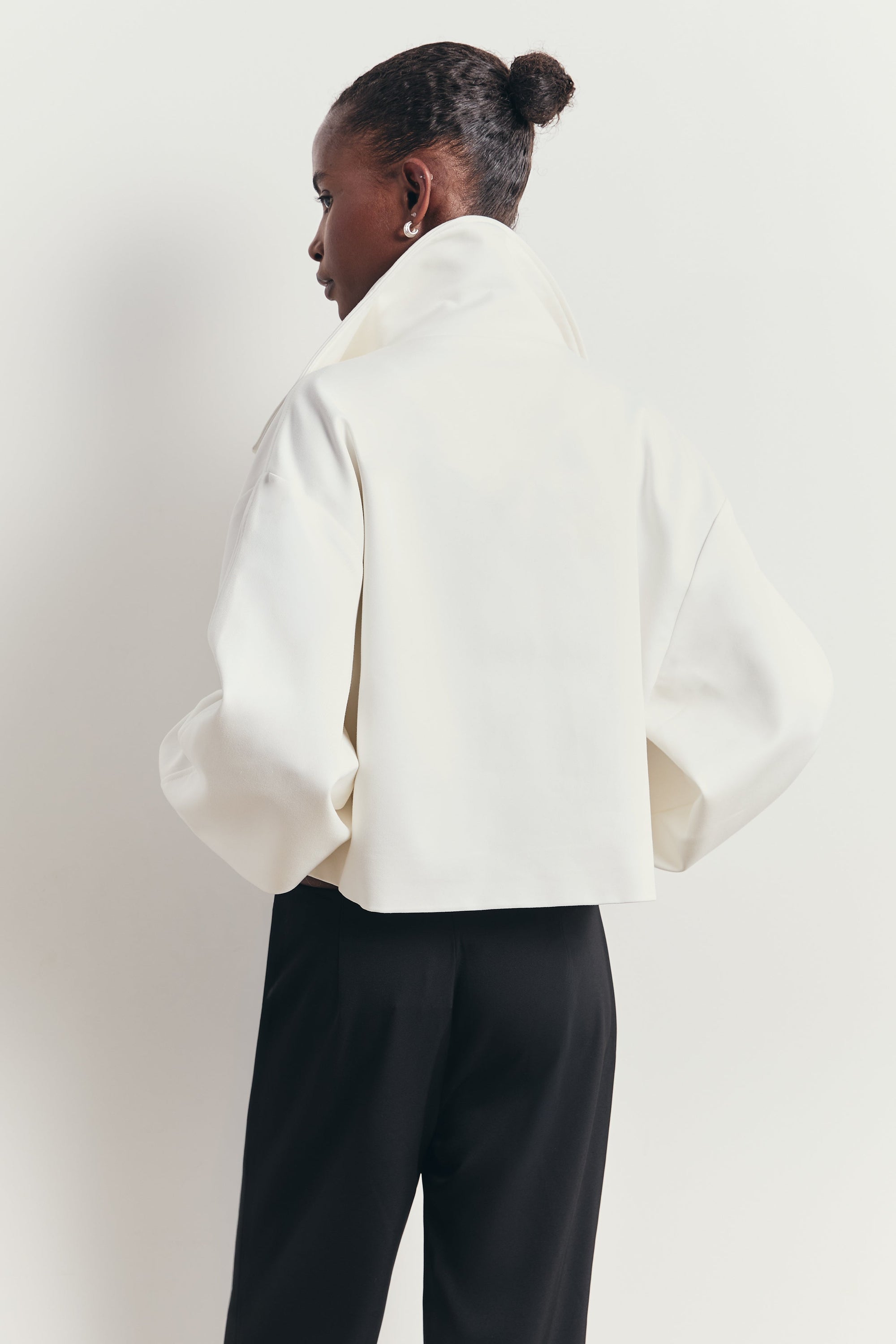 Cropped Funnel Neck Open Jacket - White