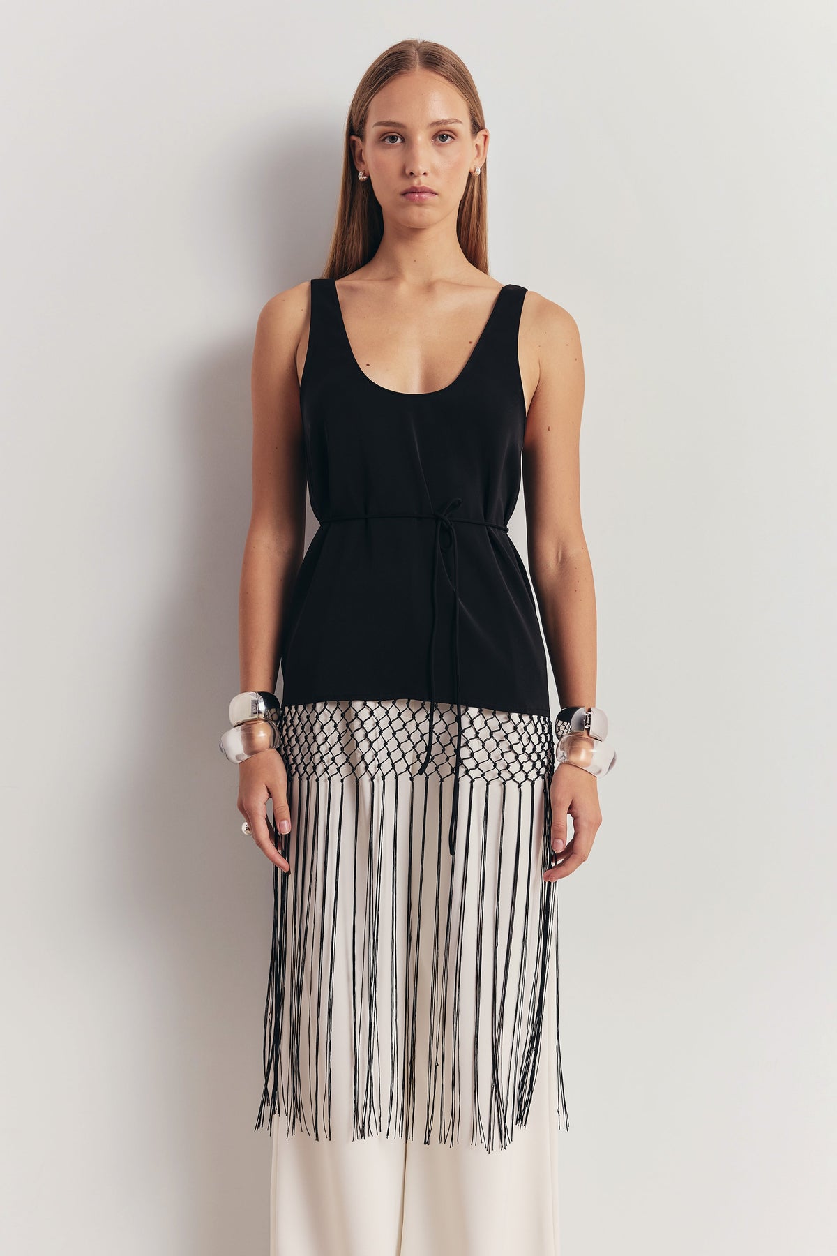 Fringe Trim Scoop Neck Longline Top - Black