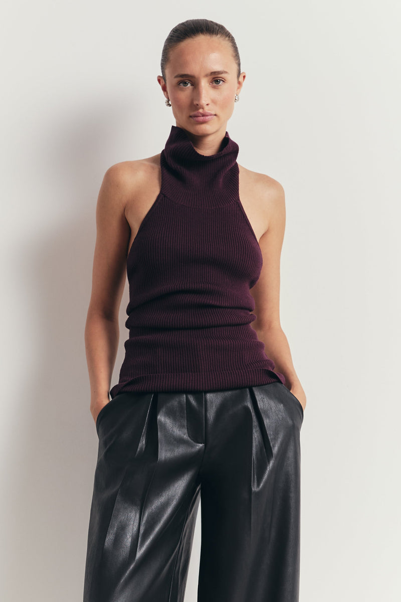 Relaxed Ribbed High Neck Halter Top - Mulberry