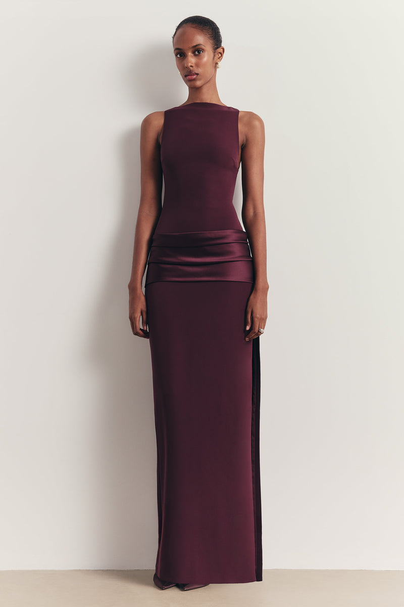 Dropped Waist Satin Panel Gown - Oxblood