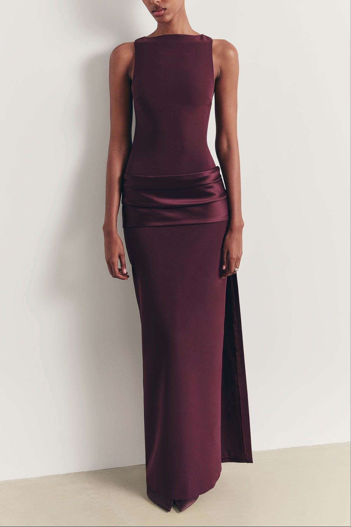 Dropped Waist Satin Panel Gown - Oxblood