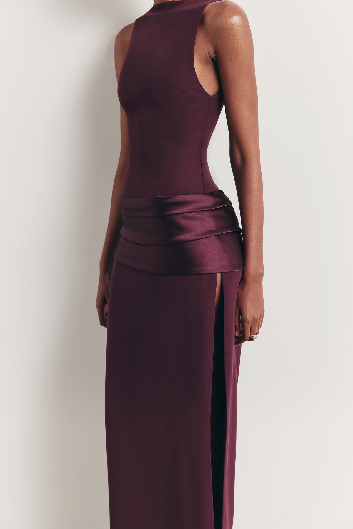 Dropped Waist Satin Panel Gown - Oxblood