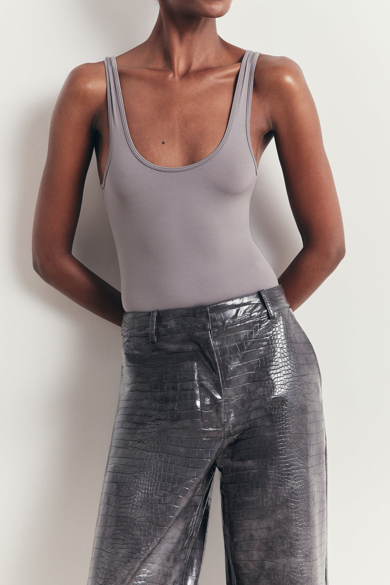 Semi Sheer Scoop Neck Bodysuit - Slate