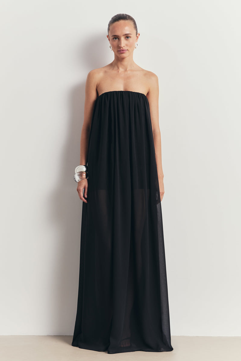 Strapless Chiffon Layered Corset Maxi Dress - Black