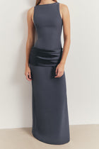 Dropped Waist Satin Panel Gown - Petrol
