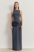 Dropped Waist Satin Panel Gown - Petrol