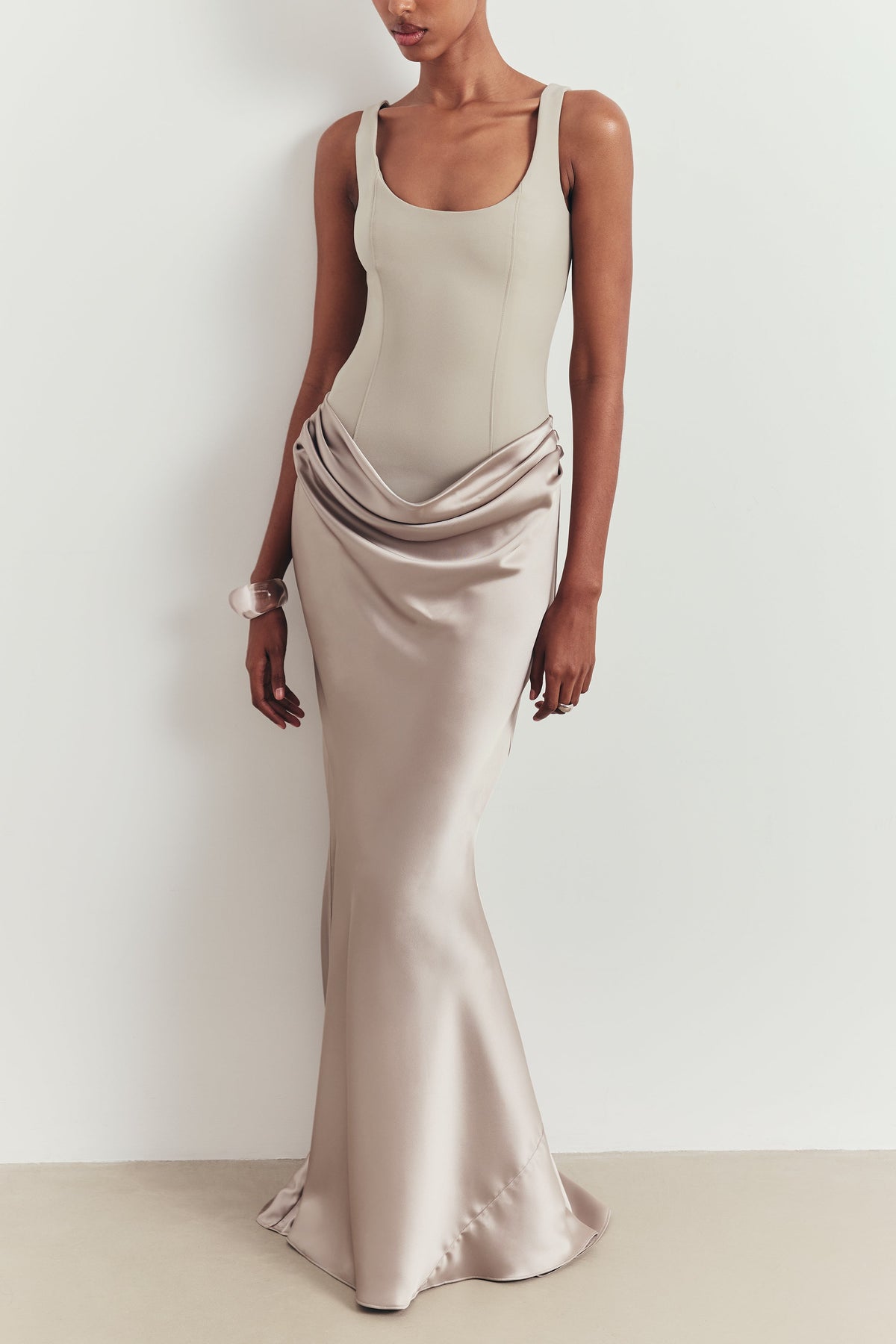 Tailored Corset Gown With Draped Hip - Stone