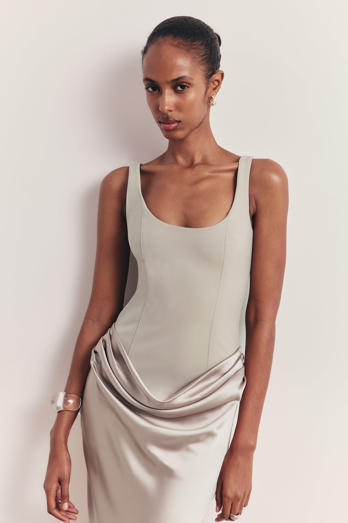 Tailored Corset Gown With Draped Hip - Stone