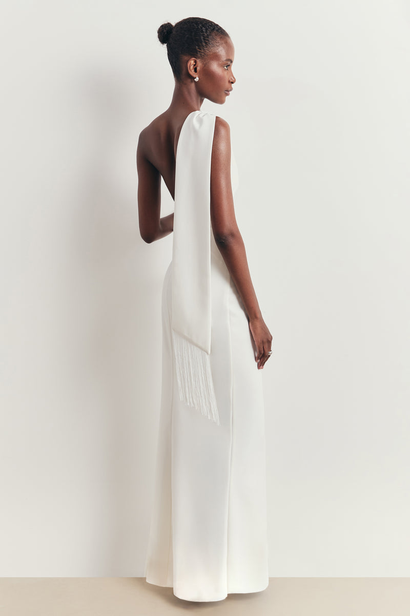 Asymmetric Scarf Gown With Fringing - White