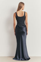 Tailored Corset Gown With Draped Hip - Petrol