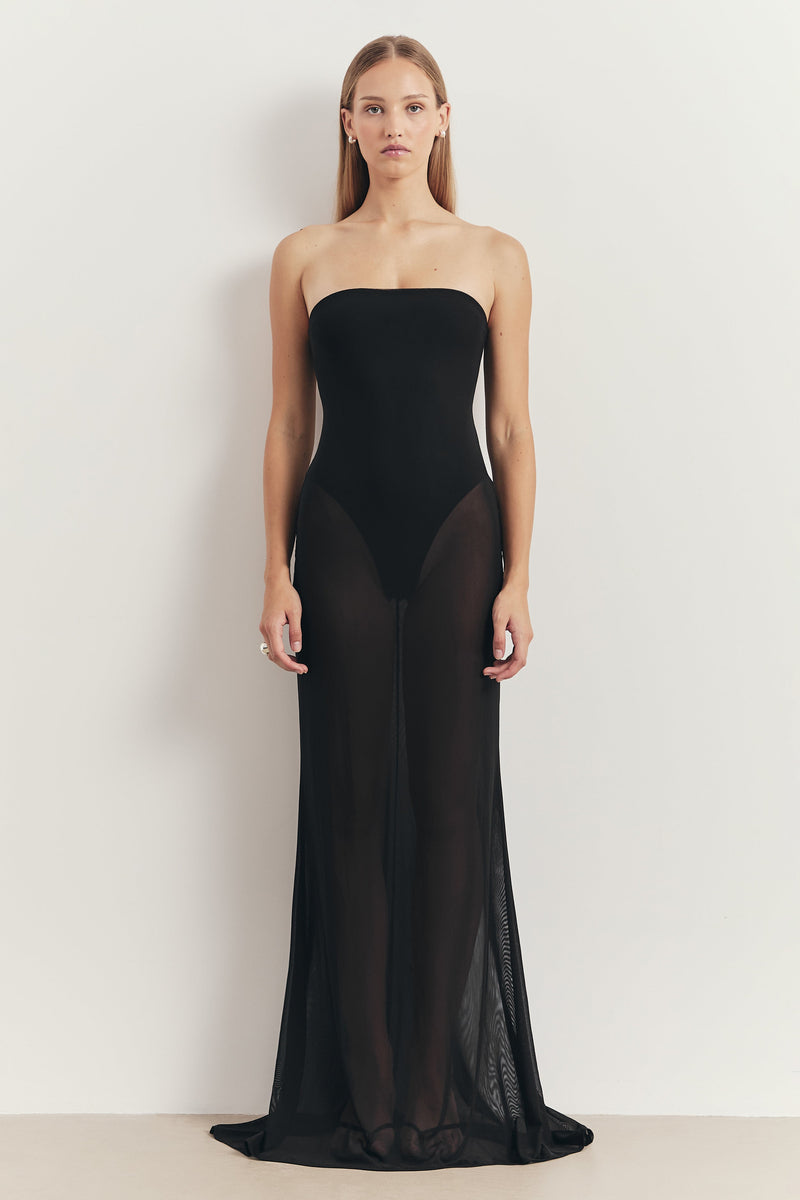 Sheer Strapless Mesh Gown - Black