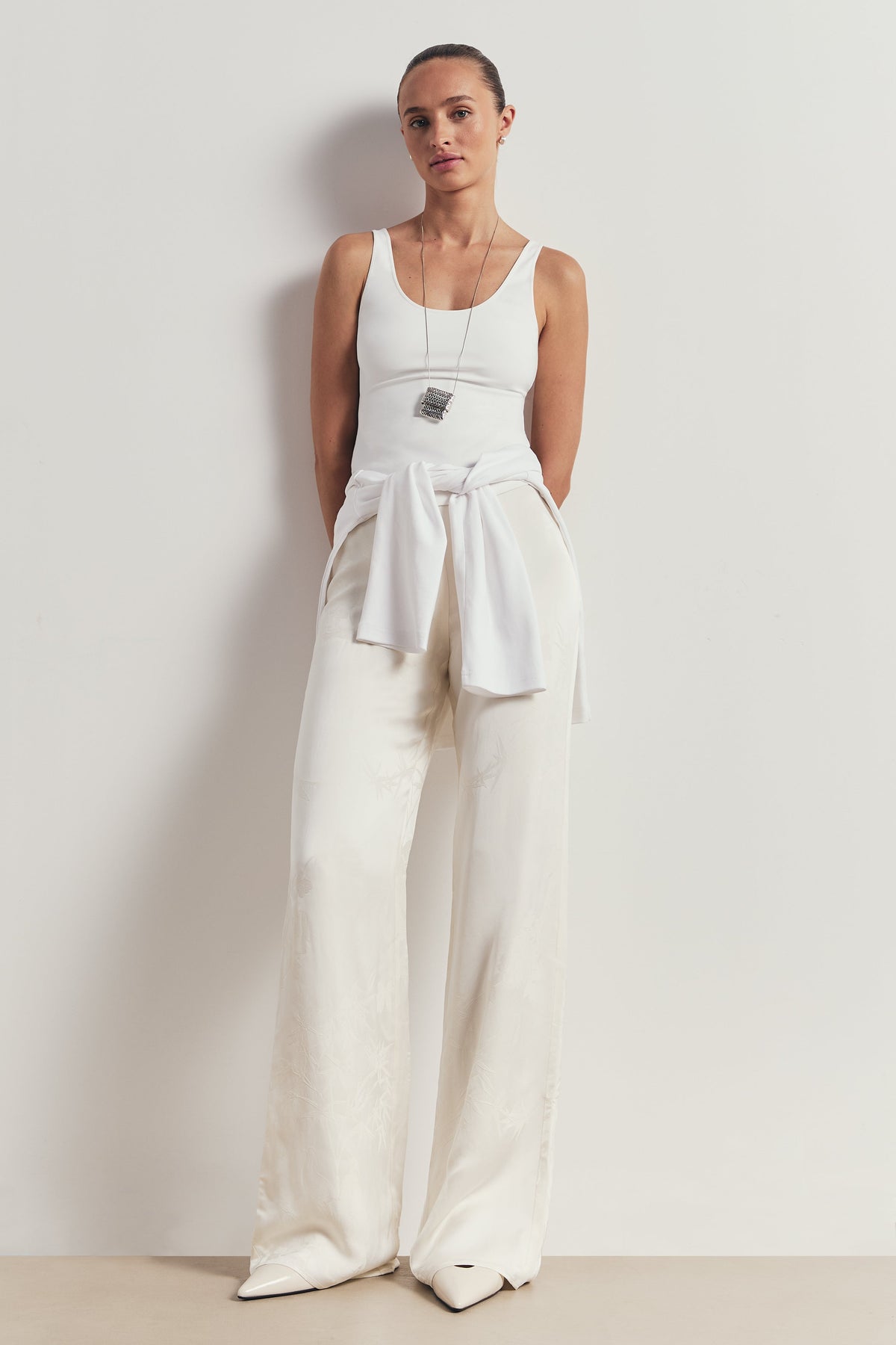 Satin Jacquard Tailored Straight Leg Trousers - Cream