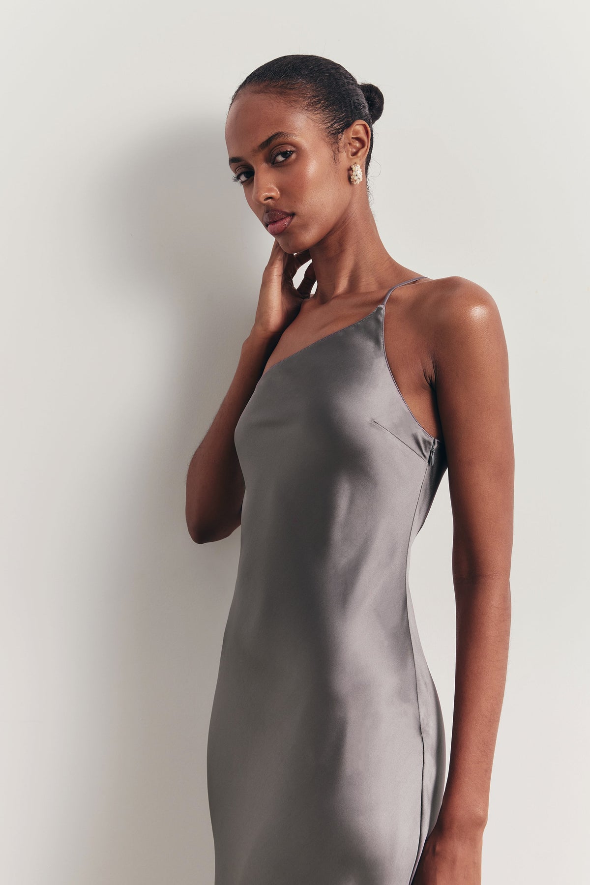 Satin Slip One Shoulder Maxi Dress - Slate