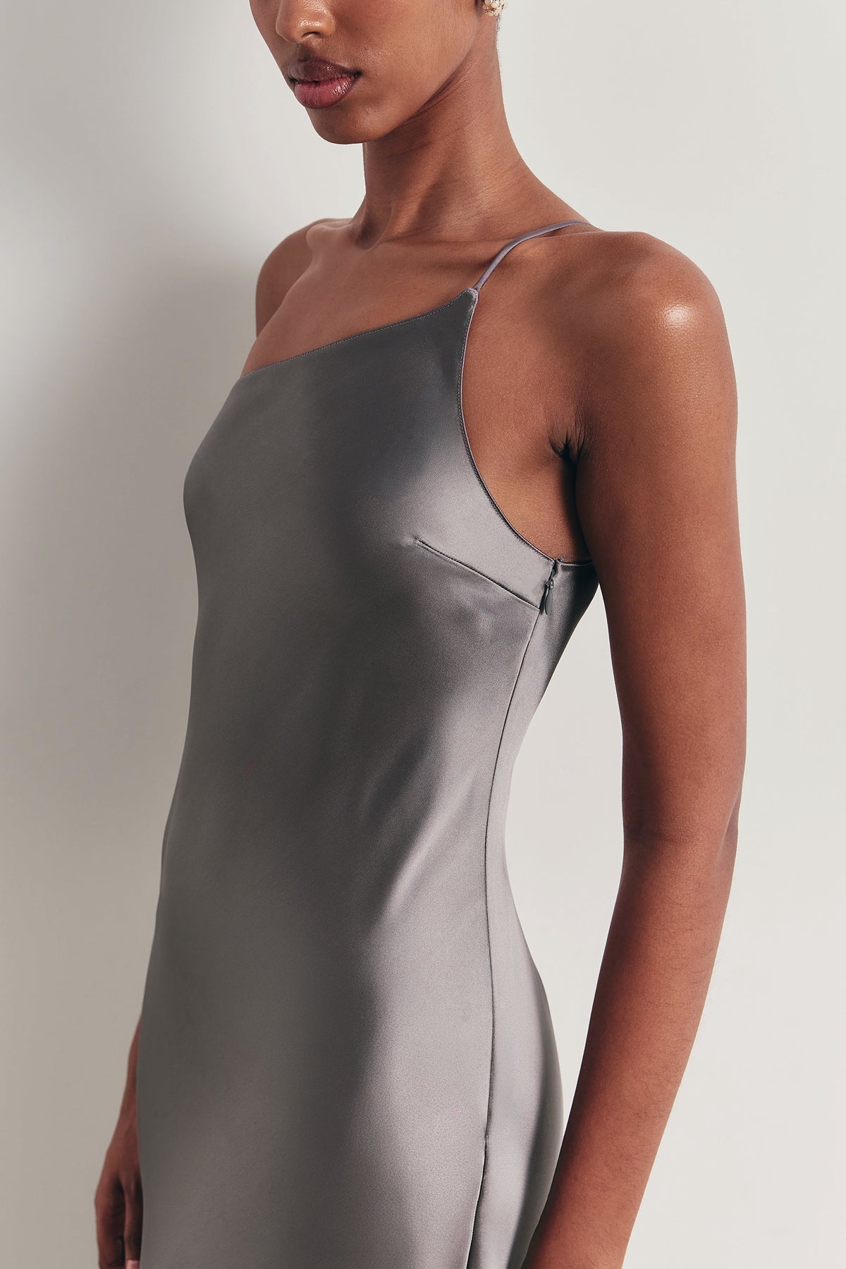Satin Slip One Shoulder Maxi Dress - Slate