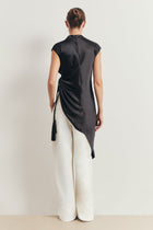 Satin Gathered Asymmetric Blouse with Tassel - Black