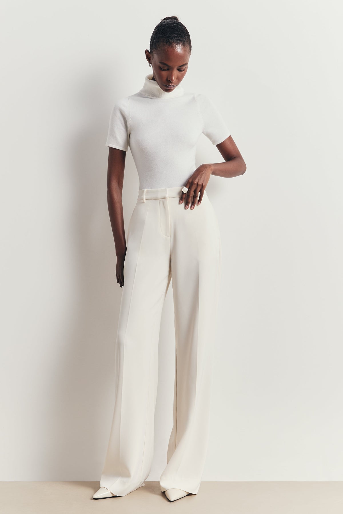 Wool Blend Cap Sleeve Polo Neck Top - Cream