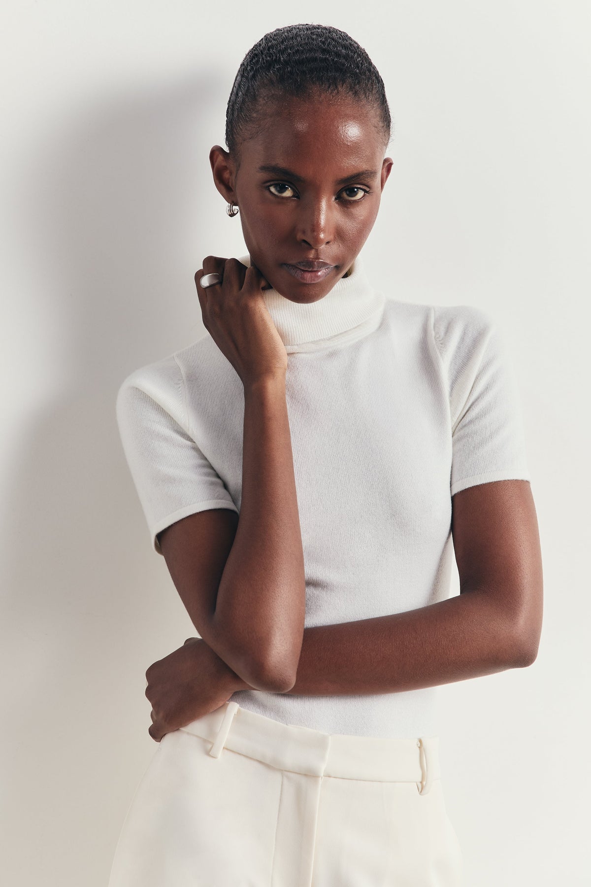 Wool Blend Cap Sleeve Polo Neck Top - Cream