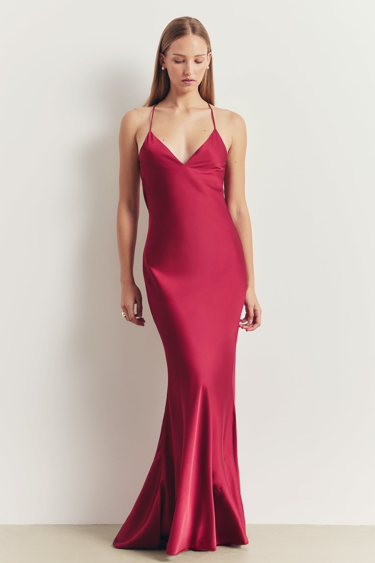 Satin Slinky Cowl Back Gown - Scarlet