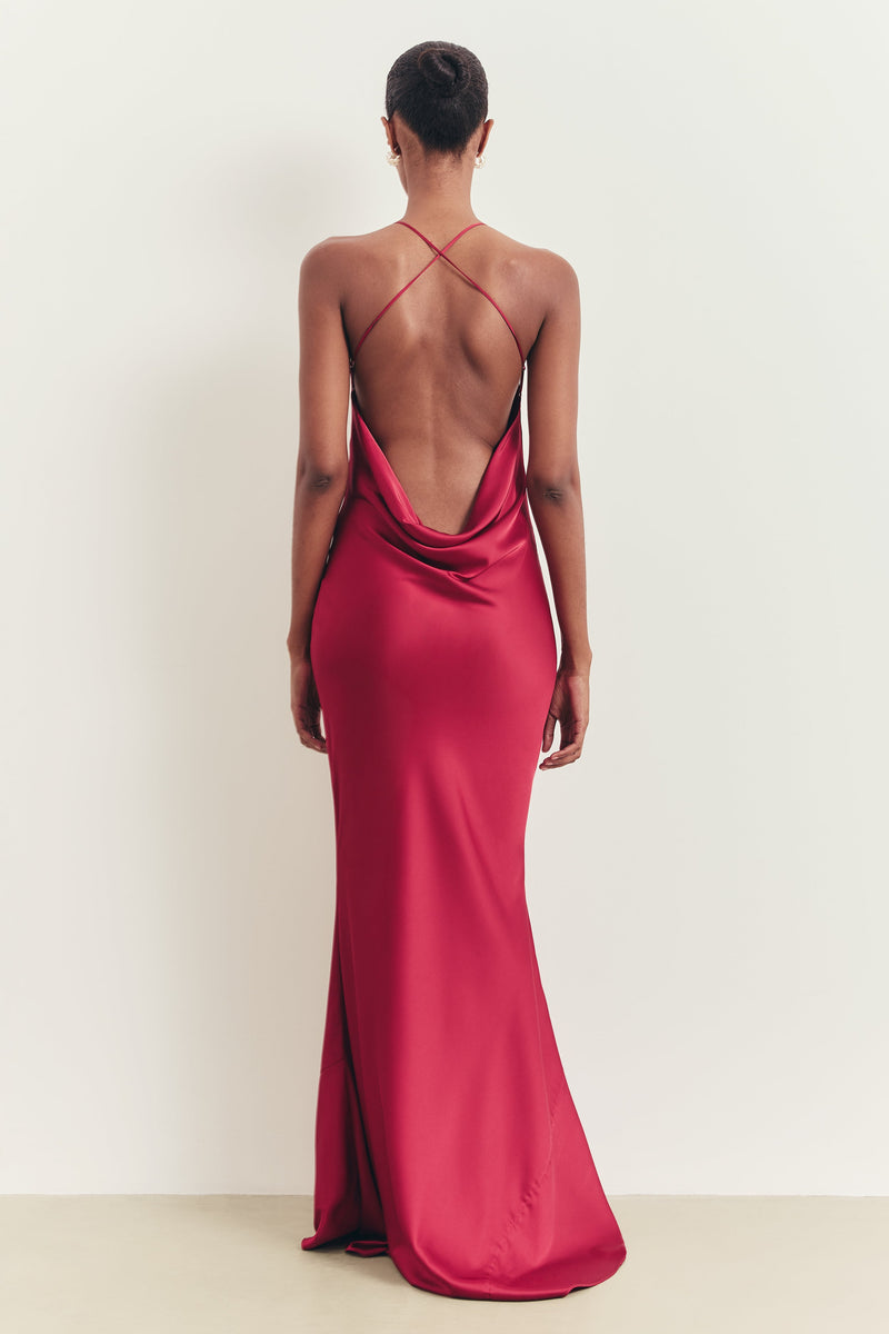 Satin Slinky Cowl Back Gown - Scarlet