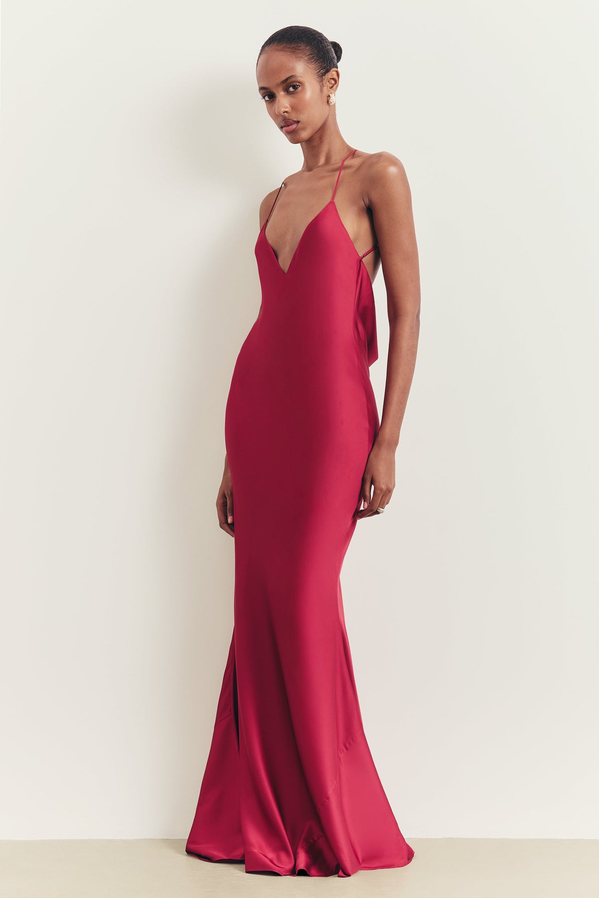 Satin Slinky Cowl Back Gown - Scarlet