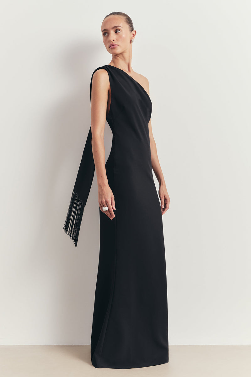Asymmetric Scarf Gown With Fringing - Black