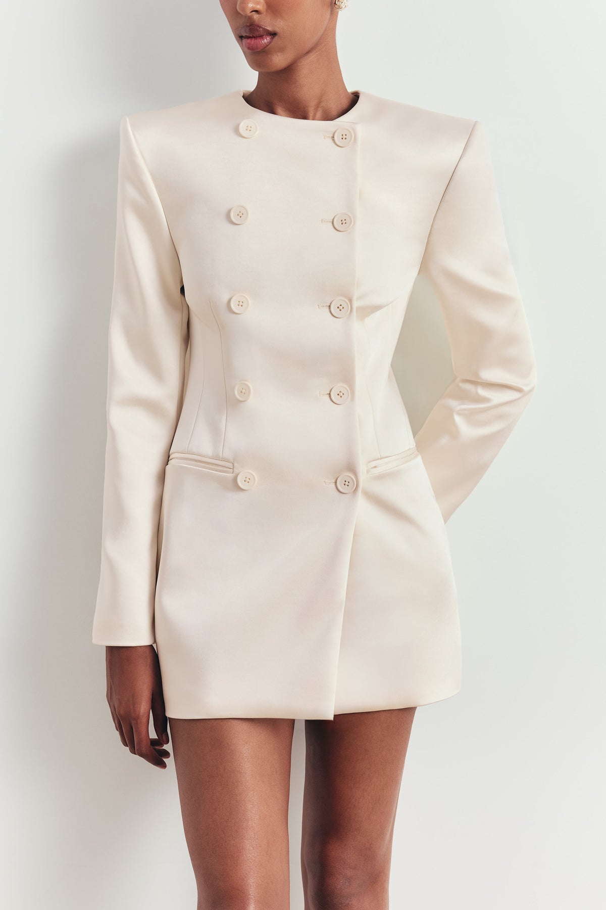 Satin Tailored Collarless Blazer Dress - Cream