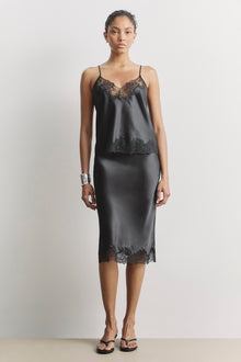 Satin Lace Detail Midi Skirt - Black