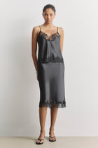 Satin Lace Detail Midi Skirt - Black