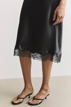 Satin Lace Detail Midi Skirt - Black