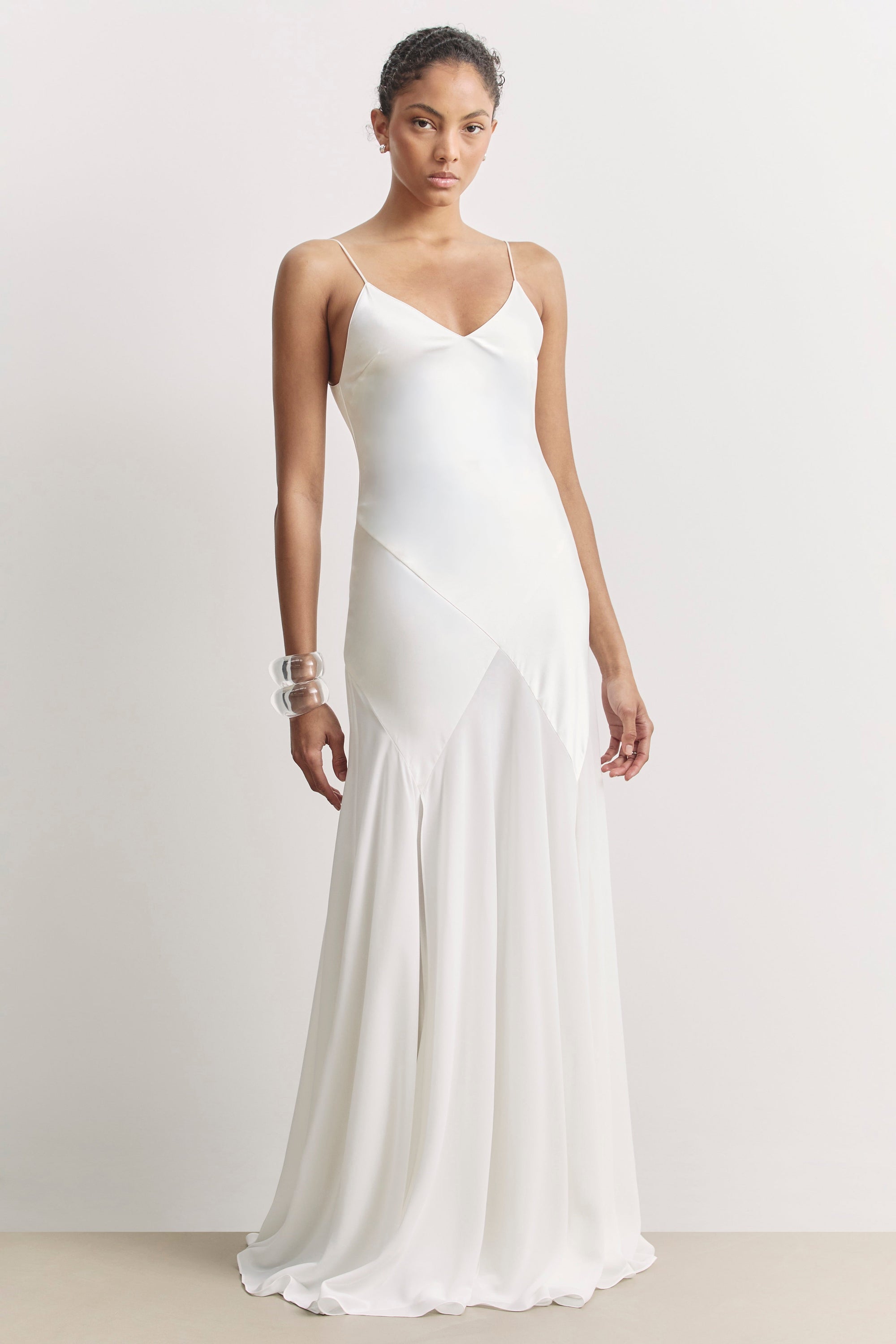 Plunging Satin Handkerchief Hem Gown - White